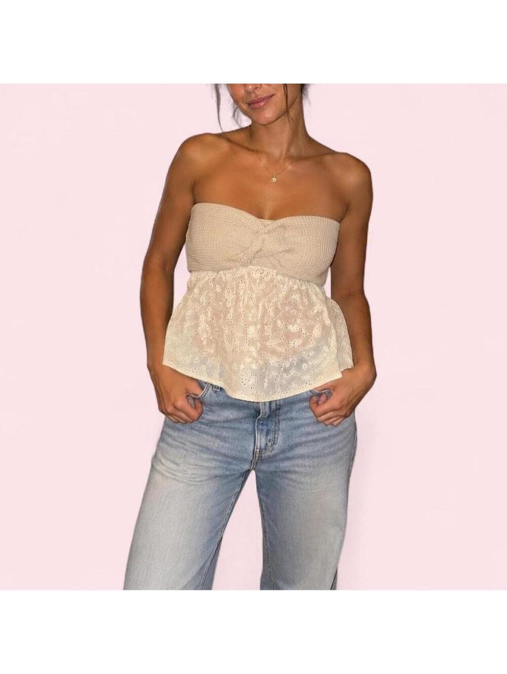 H&M Cream Eyelet Embroidered Strapless Peplum Tube Top Size Small Coquette Boho